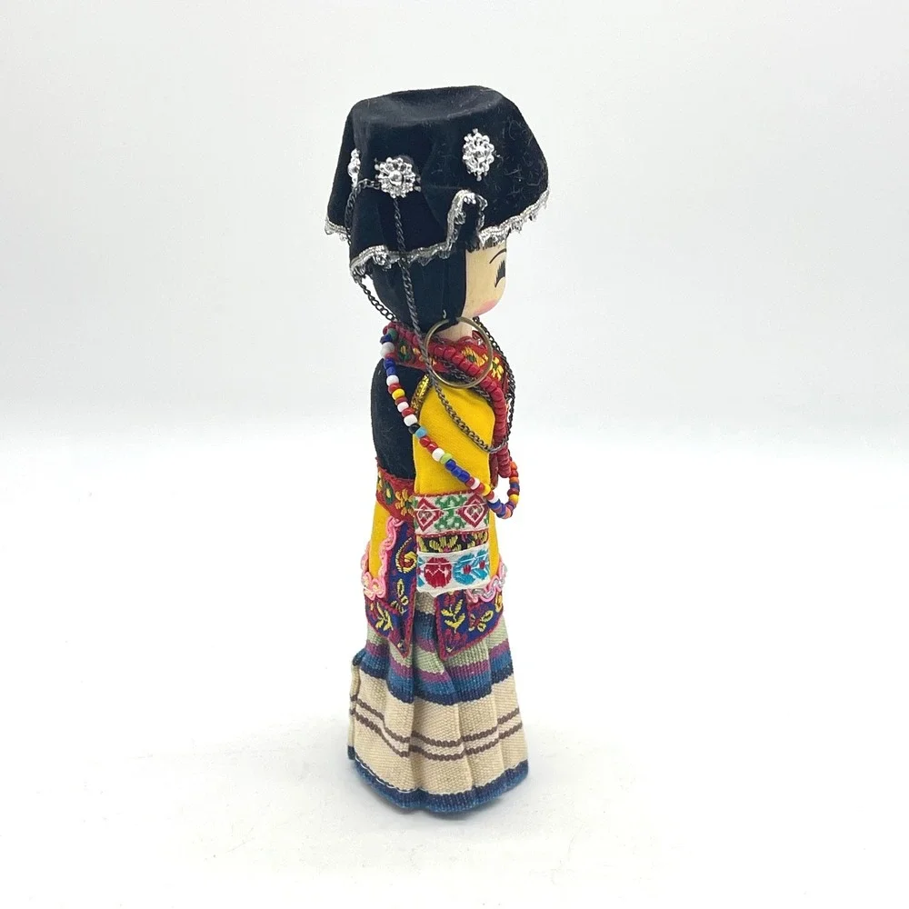 Vintage Chinese Yi Minority Ethnic Doll Hand Painted Wood‎ Traditional Costume